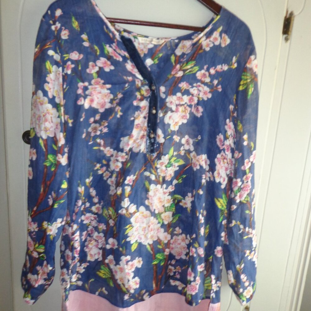 NWOT Soft Surroundings Hi-Lo Semi-Sheer Floral Plaid Tunic S Blue Multi V-Neck